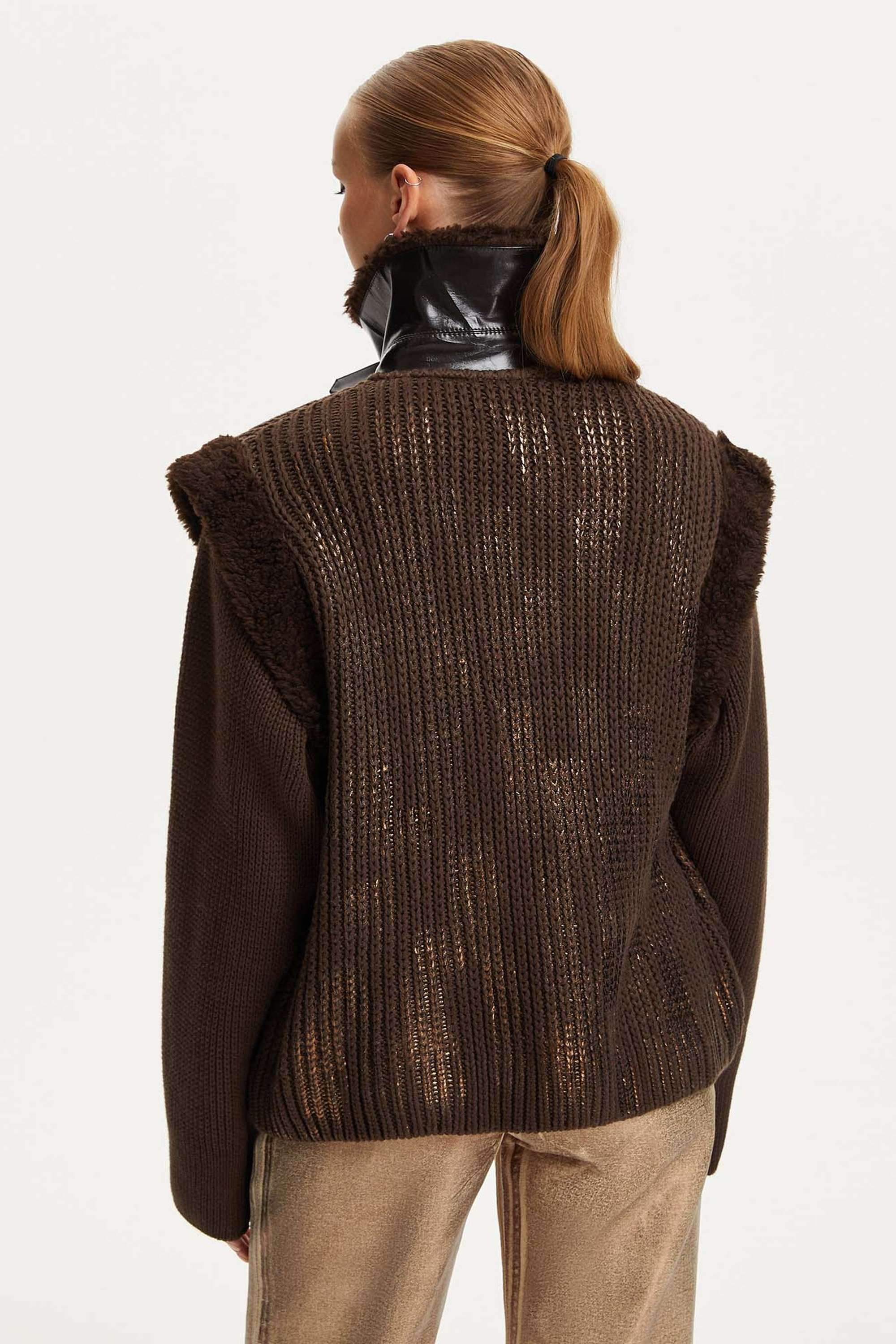 Leather-Trimmed Knit Jacket