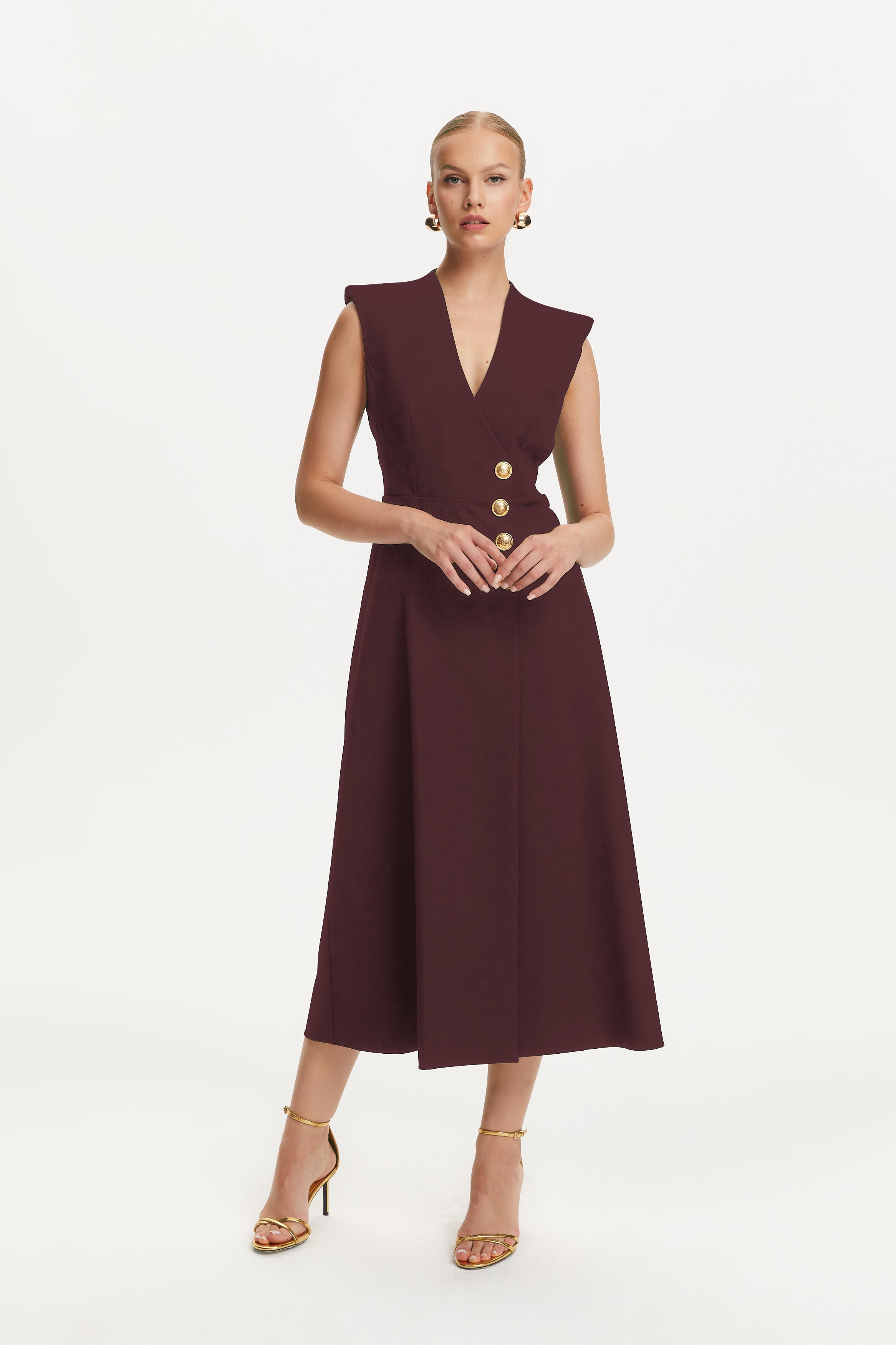 Double-Breasted Shoulder Pad Midi Dress