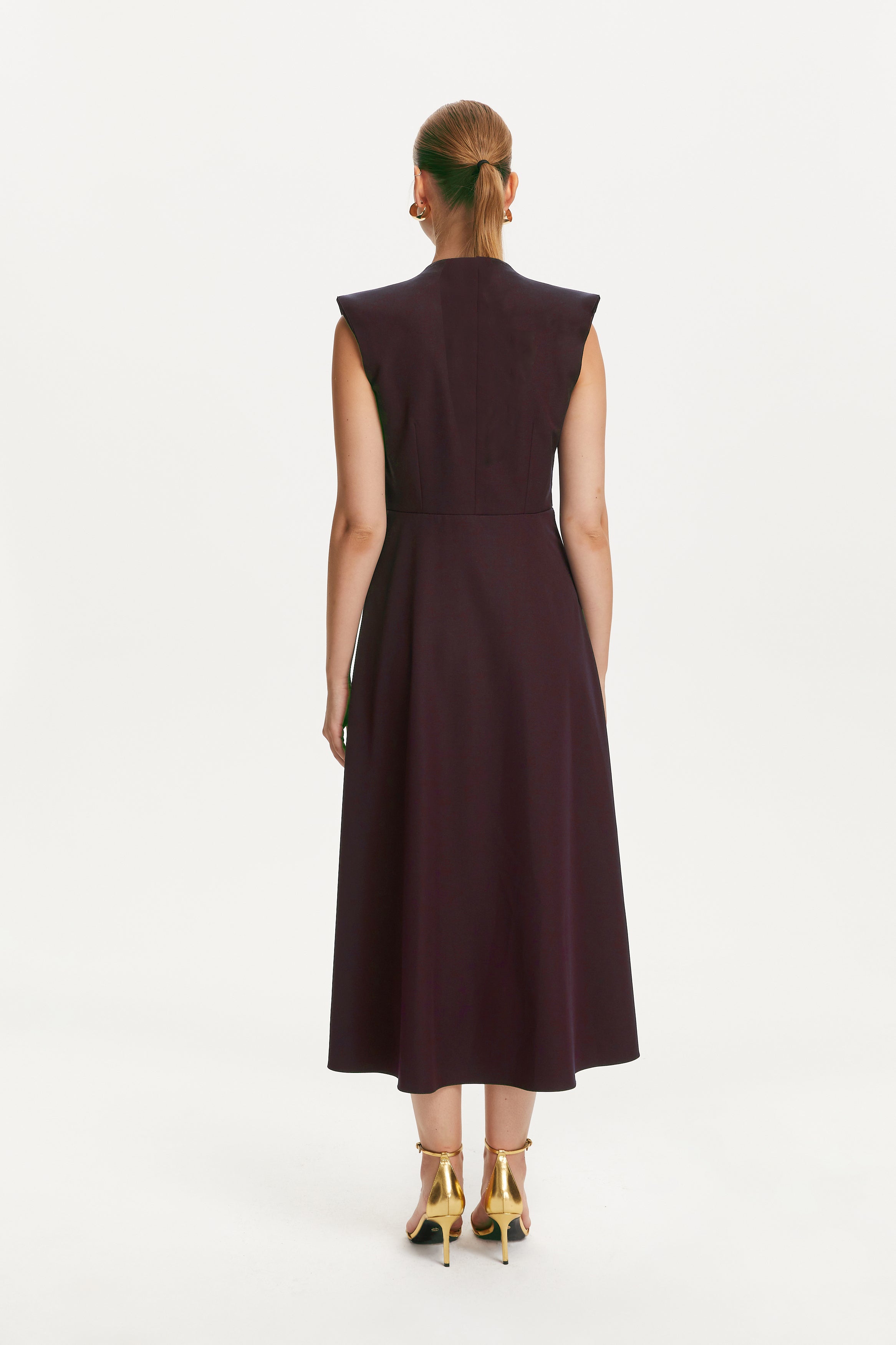 Double-Breasted Shoulder Pad Midi Dress