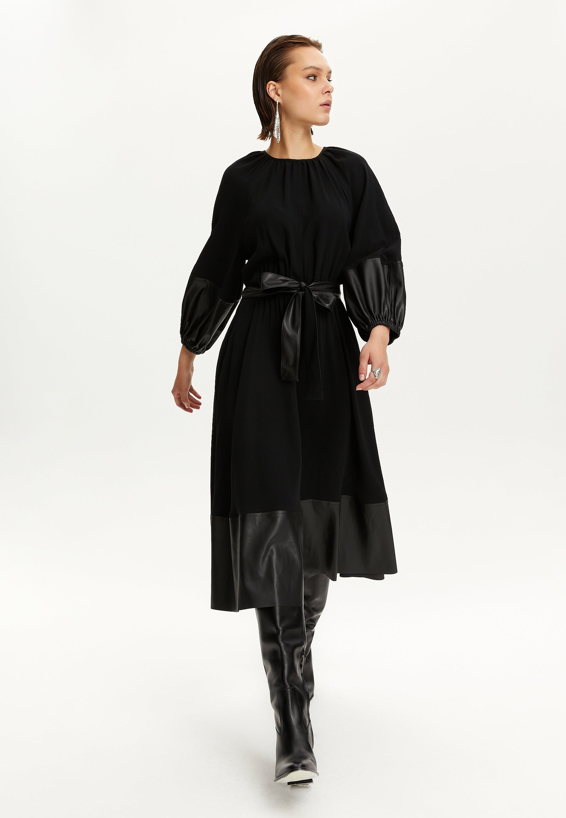 Leather Trim Midi Dress