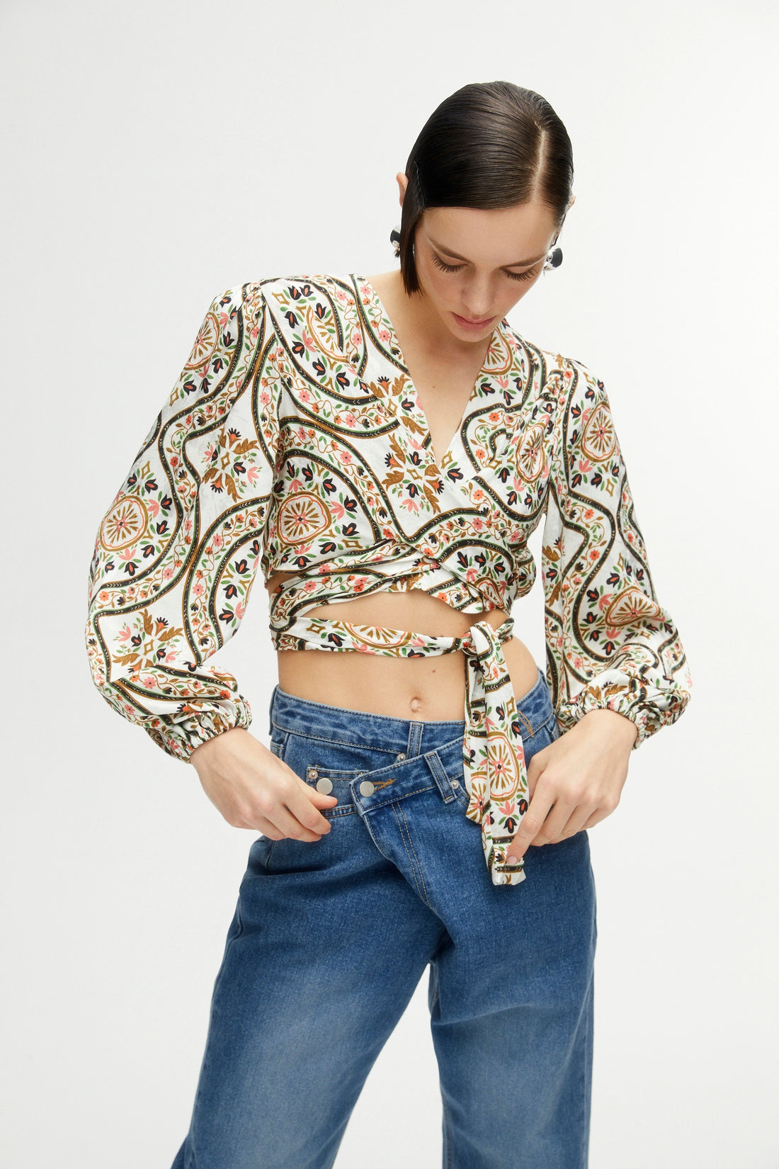 Printed Double-Breasted Crop Top